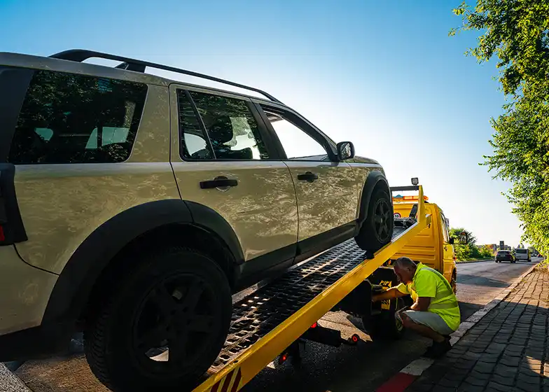 Tow truck loading a broken vehicle onto the flatbed with a technician in safety gear performing checks, bright sunlight, and green trees in the background.