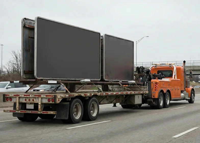 Billboard trailer towing service with an orange tow truck hauling a large flatbed trailer carrying blank billboard panels on a highway.