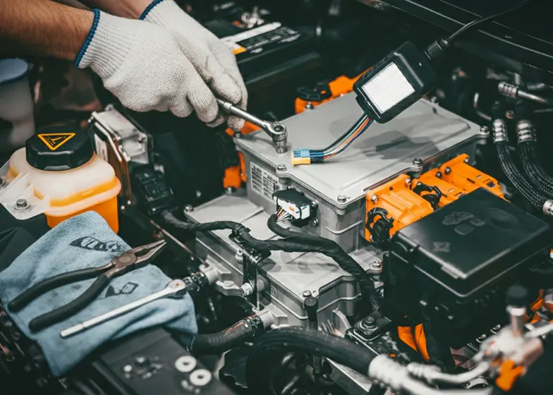 Minor mechanical help with a technician working on the electric components of a car engine, using a wrench and diagnostic tools.
