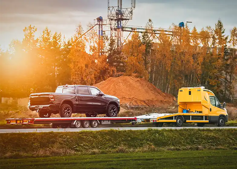 Heavy-duty towing service with a large black truck being towed on a flatbed truck along a highway at sunset.