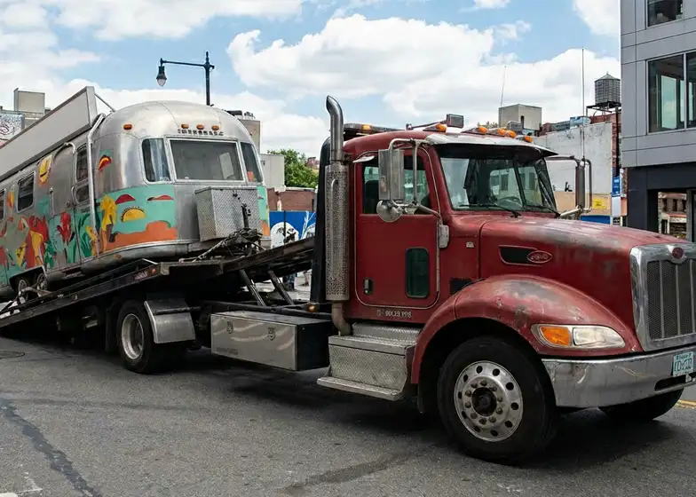 Food trailer transport service with a colorful food trailer being towed on a flatbed truck through the city.