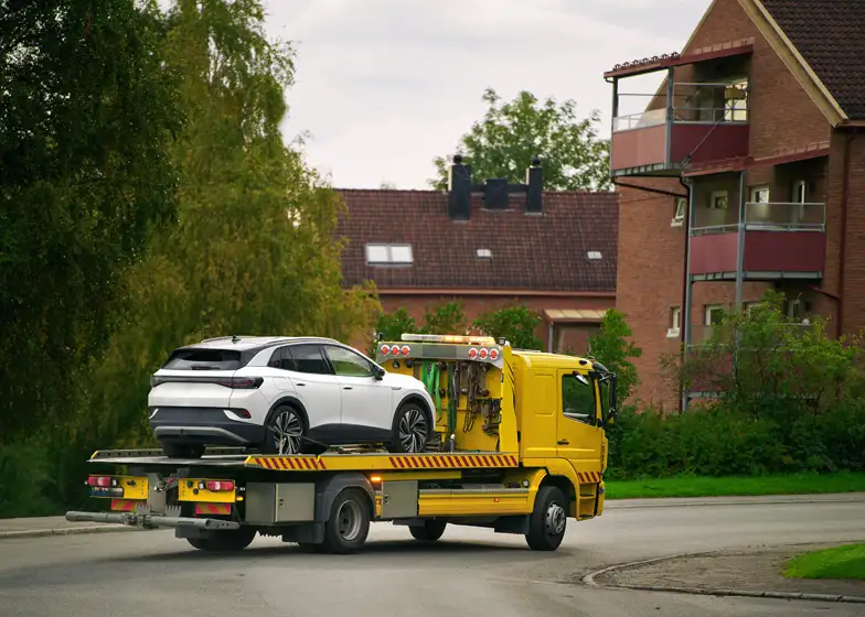 Luxury and exotic towing service with a white high-end car being loaded onto a yellow flatbed tow truck in a residential area.