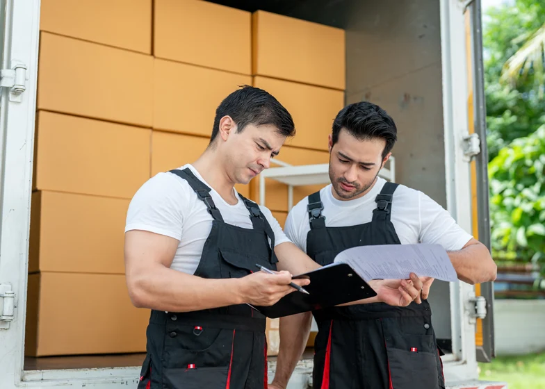 Two professional movers carefully reviewing paperwork while unloading boxes from a truck during a storage unit relocation.