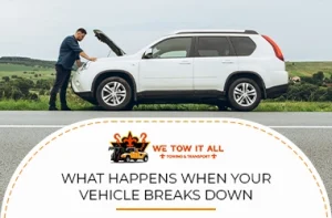 Driver inspecting broken down SUV with hood open on roadside during vehicle breakdown emergency