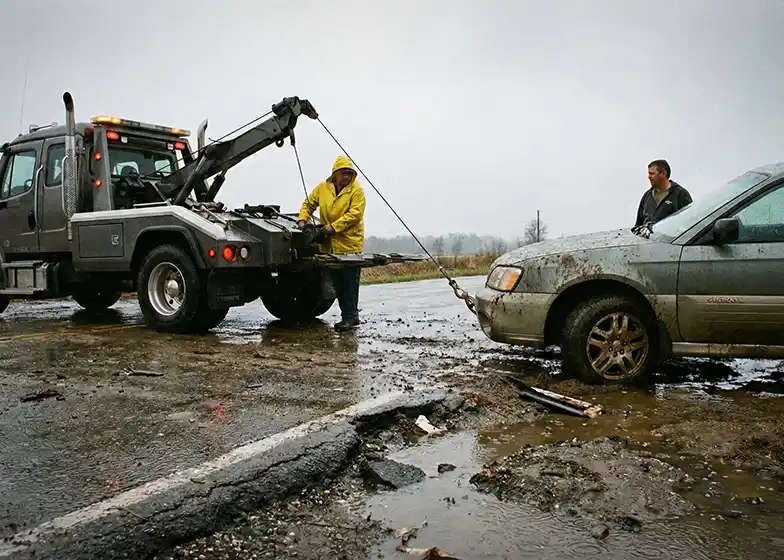 Towing professionals using a winch to recover a stuck car in muddy conditions, with one worker in a yellow raincoat and another overseeing the process.